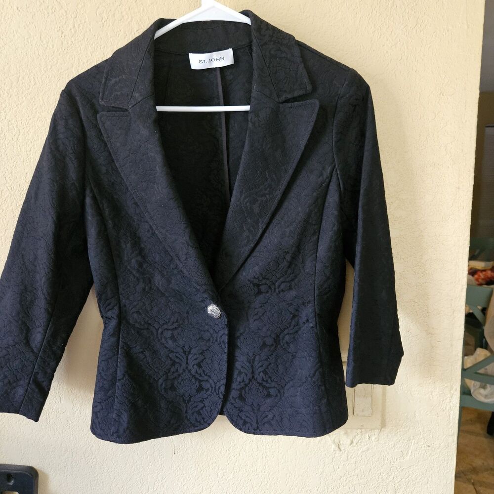 ST John Womens Size M Black Floral Pattern Embossed 1 Button Blazer Jacket
